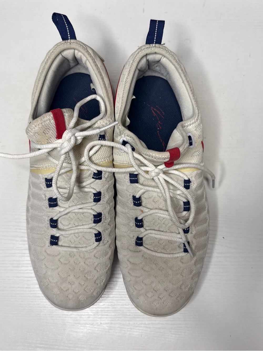 Nike White Knit Sneakers with Navy & Red Accents